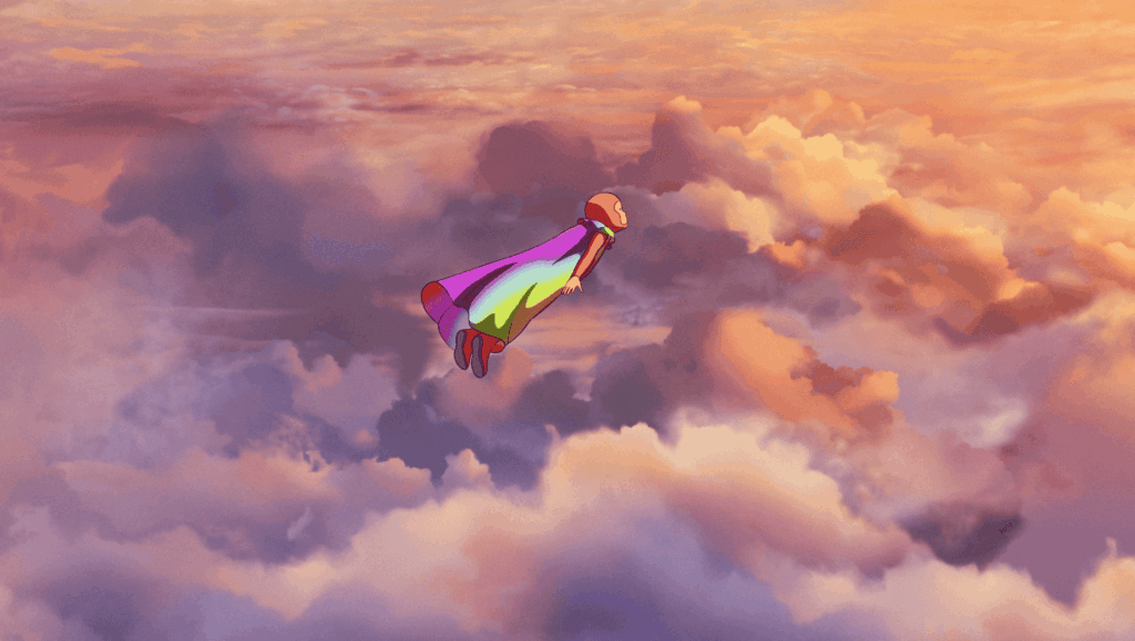 Illustration einer Person, die einen farbenfrohen Umhang trägt, der zwischen leuchtenden, orangefarbenen Wolken bei Sonnenuntergang oder Sonnenaufgang schwebt oder fliegt.