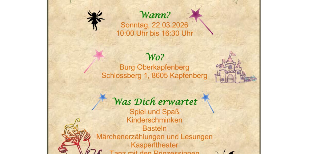 Veranstaltungsflyer zum "Fantasy Day" auf Burg Oberkapfenberg mit Angaben zu Datum, Ort, Aktivitäten, Eintrittspreisen und dekorativen Fantasy-Grafiken.
