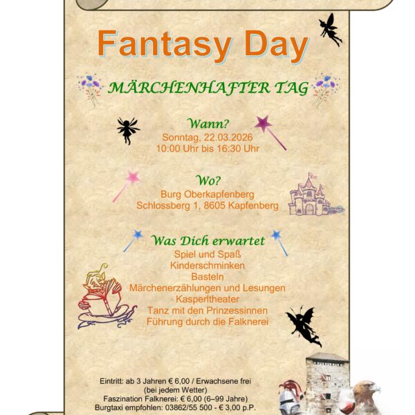 Veranstaltungsflyer zum "Fantasy Day" auf Burg Oberkapfenberg mit Angaben zu Datum, Ort, Aktivitäten, Eintrittspreisen und dekorativen Fantasy-Grafiken.