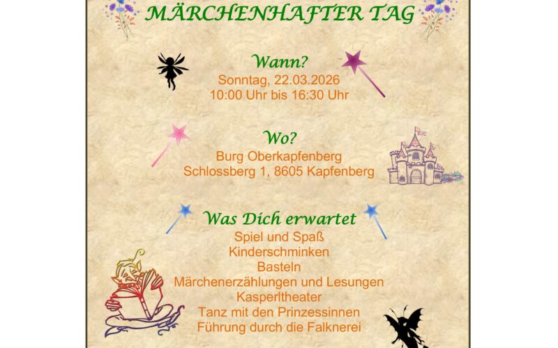 Veranstaltungsflyer zum "Fantasy Day" auf Burg Oberkapfenberg mit Angaben zu Datum, Ort, Aktivitäten, Eintrittspreisen und dekorativen Fantasy-Grafiken.