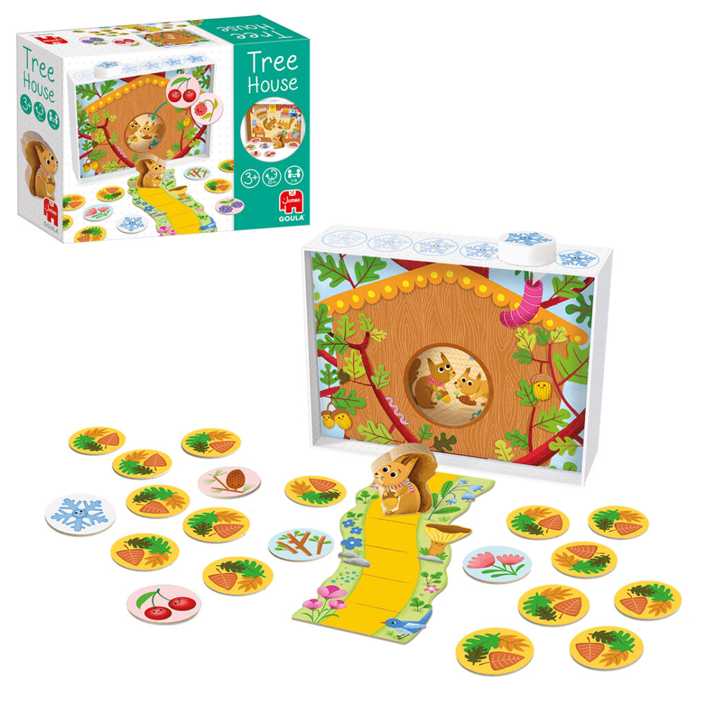 Baumhaus-Brettspiel für Kinder mit Tierplättchen, illustrierten Spielsteinen und einer Schachtel mit demselben Design; die Spielsteine zeigen Blätter, Schneeflocken, Kirschen und Eicheln.