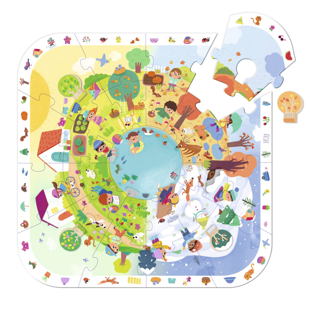 Illustration eines kreisförmigen Puzzles, das die vier Jahreszeiten mit Kindern und Tieren bei jahreszeitlichen Aktivitäten darstellt, wobei ein Teil des Puzzles entfernt wurde.