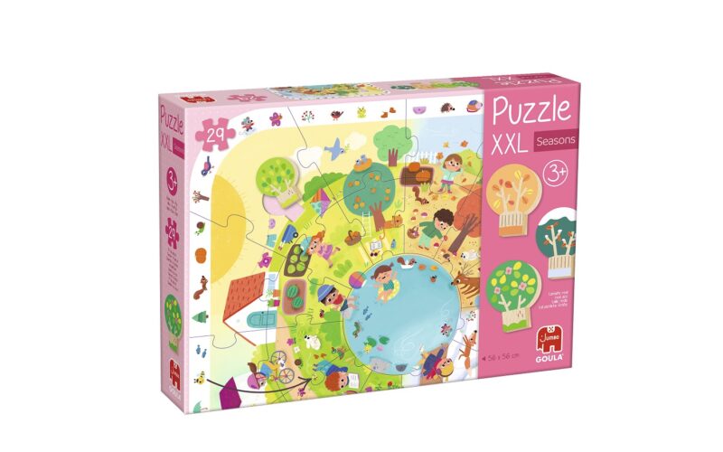 Schachtel mit einem XXL-Puzzle für Kinder ab 3 Jahren mit farbenfrohen Illustrationen von Kindern und Tieren um einen Teich, die verschiedene Jahreszeiten darstellen.