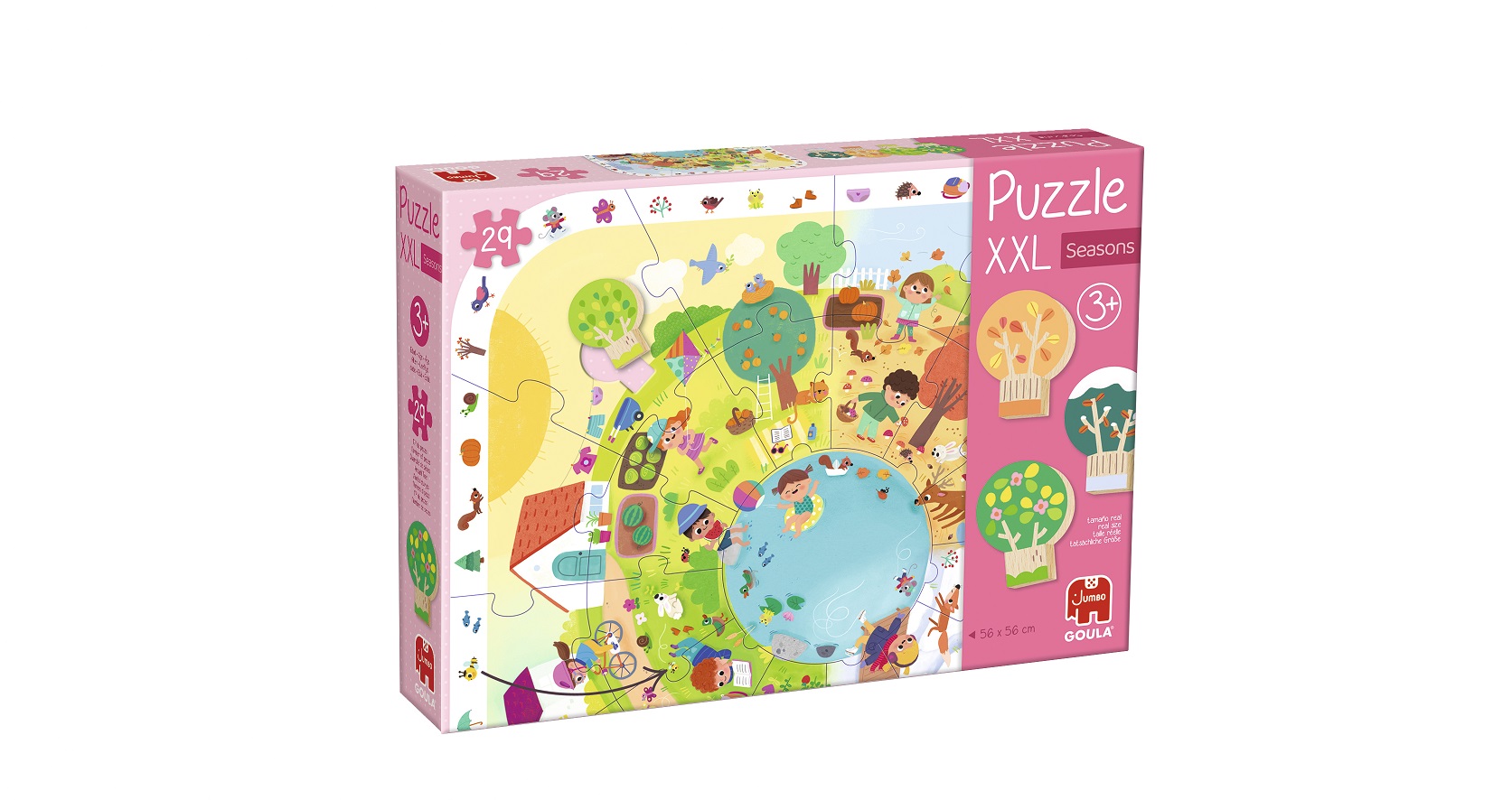 Schachtel mit einem XXL-Puzzle für Kinder ab 3 Jahren mit farbenfrohen Illustrationen von Kindern und Tieren um einen Teich, die verschiedene Jahreszeiten darstellen.