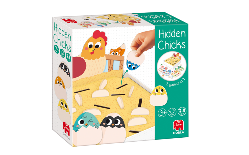 Schachtel mit dem Kinderspiel "Versteckte Küken" mit einem Cartoon-Huhn und Küken, empfohlen für Kinder ab 3 Jahren, mit zwei Spielen in einem Set.