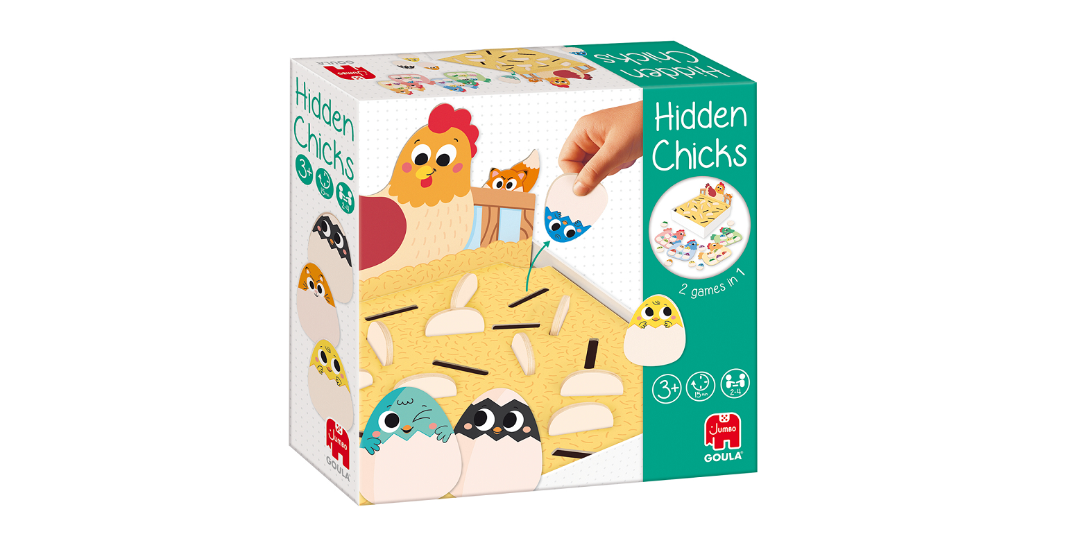 Schachtel mit dem Kinderspiel "Versteckte Küken" mit einem Cartoon-Huhn und Küken, empfohlen für Kinder ab 3 Jahren, mit zwei Spielen in einem Set.