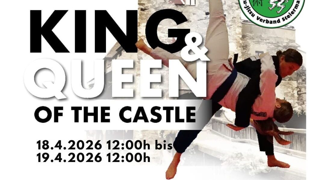 Veranstaltungsplakat für "24h Brazilian Jiu-Jitsu King & Queen of the Castle" mit Turnierdetails, Logos und einem Athleten, der einen Tritt in einer Burgkulisse ausführt.