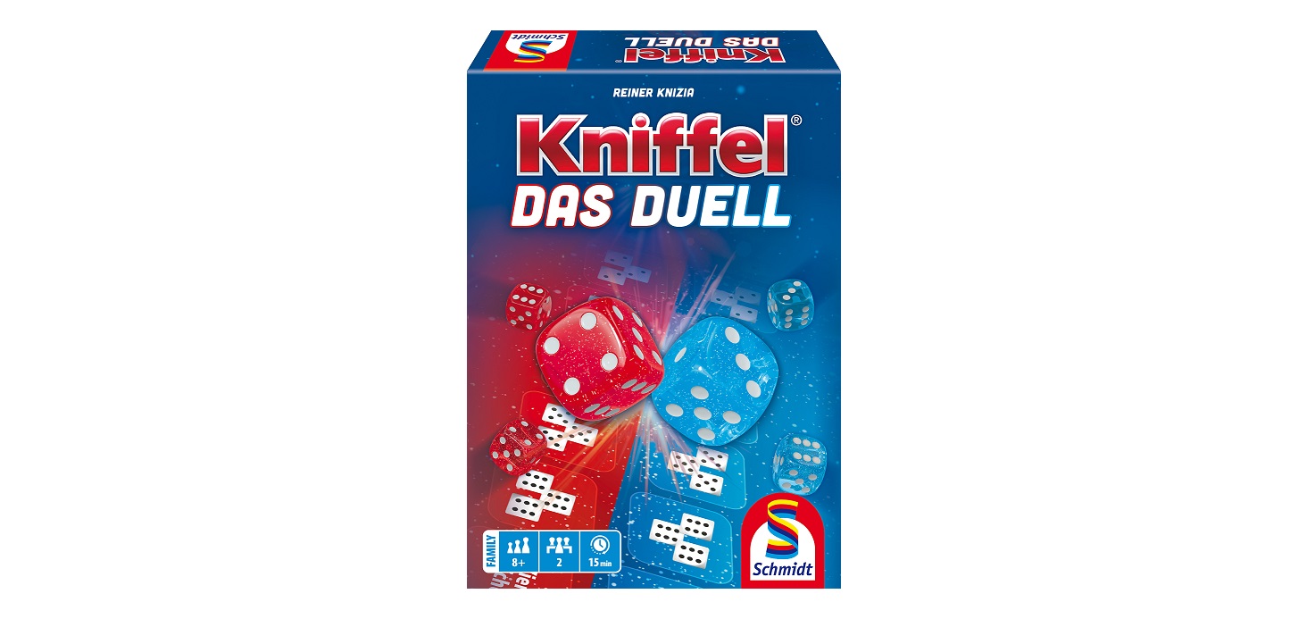 Schachtel des Spiels "Kniffel Das Duell" mit roten und blauen Würfeln, mit dem Logo von Schmidt Spiele unten rechts.