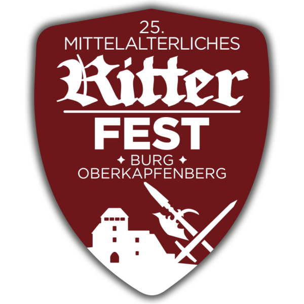 Ein kastanienbraunes schildförmiges Logo für das 25. Mittelalterliche Ritterfest auf Burg Oberkapfenberg mit einer Burg und gekreuzten Waffen.