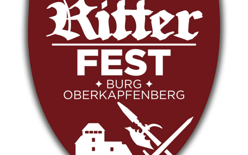 Ein kastanienbraunes schildförmiges Logo für das 25. Mittelalterliche Ritterfest auf Burg Oberkapfenberg mit einer Burg und gekreuzten Waffen.