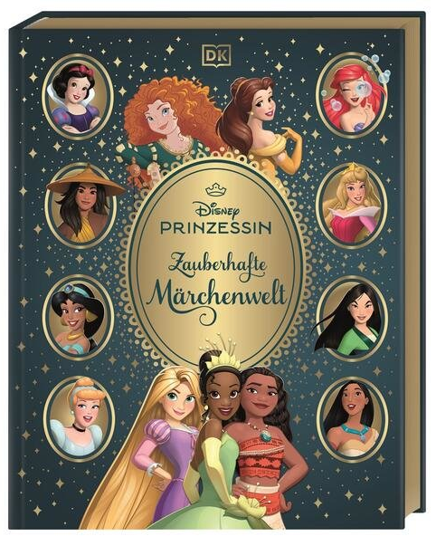 Cover eines deutschen Disney-Prinzessinnen-Buches mit illustrierten Porträts verschiedener Disney-Prinzessinnen, die um den Titel "Zauberhafte Märchenwelt" angeordnet sind.
