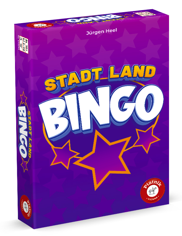 Lila Schachtel des Spiels "Stadt Land Bingo" von Jürgen Heel, mit großer weißer Schrift und gelben Sternen, hergestellt von Piatnik.