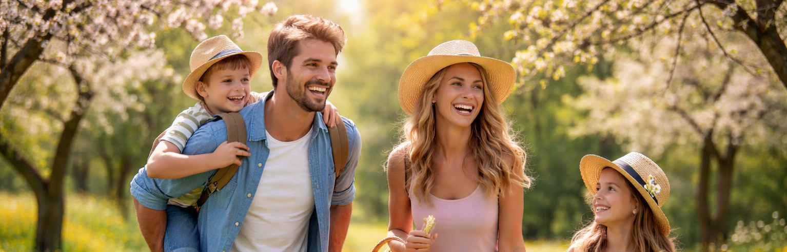 Eine vierköpfige Familie in Freizeitkleidung und mit Strohhüten geht in einem sonnigen Park mit blühenden Bäumen spazieren, lächelt und genießt ein Picknick.