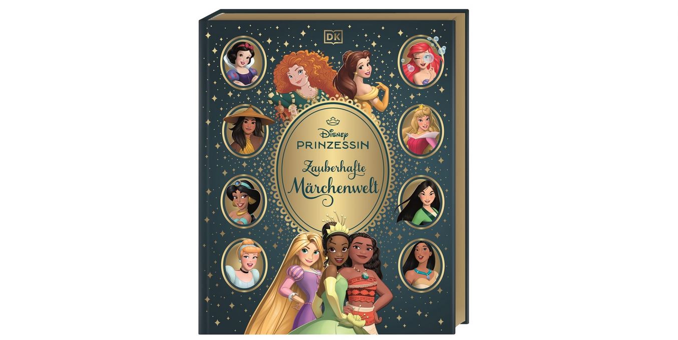 Ein Buch mit dem Titel "Disney Prinzessin Zauberhafte Märchenwelt" zeigt auf dem Einband Illustrationen verschiedener Disney-Prinzessinnen, mit dunklem Hintergrund und goldenen Akzenten.