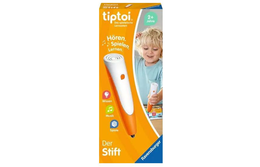 Die Verpackung des interaktiven Lernstiftes von Tiptoi zeigt das Produkt und ein lächelndes Kind, das den Stift benutzt. Geeignet für Kinder ab 2 Jahren. Ravensburger-Branding sichtbar.