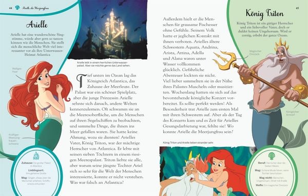Eine Buchseite mit Illustrationen von Ariel und König Triton aus "Die kleine Meerjungfrau", begleitet von einem deutschen Text, der die Figuren beschreibt.