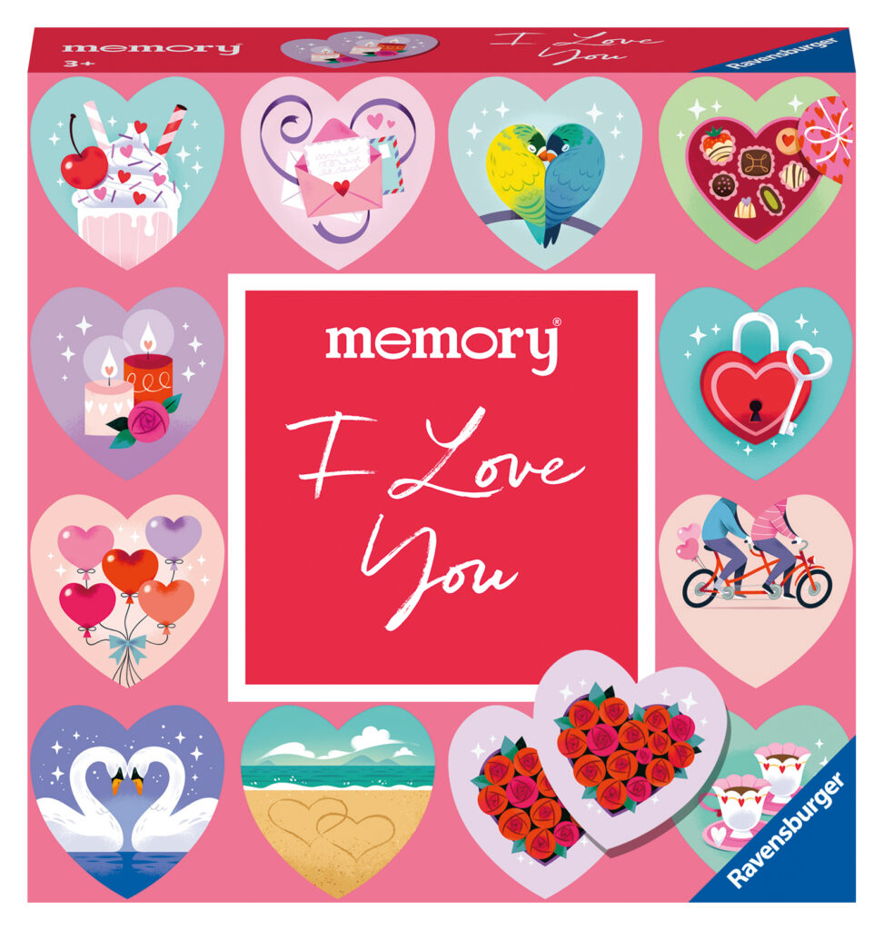 Eine rosafarbene "Memory"-Spielschachtel mit dem Titel "Ich liebe dich", verziert mit herzförmigen Illustrationen romantischer Bilder wie Schwäne, Rosen, Luftballons, Desserts und ein Paar auf einem Fahrrad.