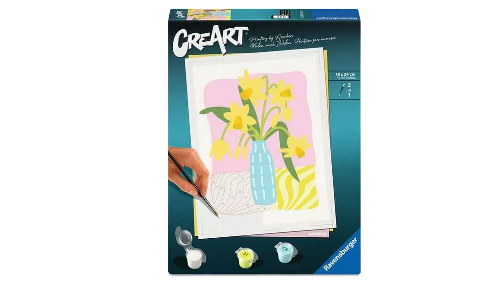 CreArt Malen nach Zahlen Kit zeigt eine Hand malen gelbe Blumen in einer blauen Vase mit einem rosa Hintergrund; drei kleine Farbtöpfe und ein Pinsel sind enthalten.