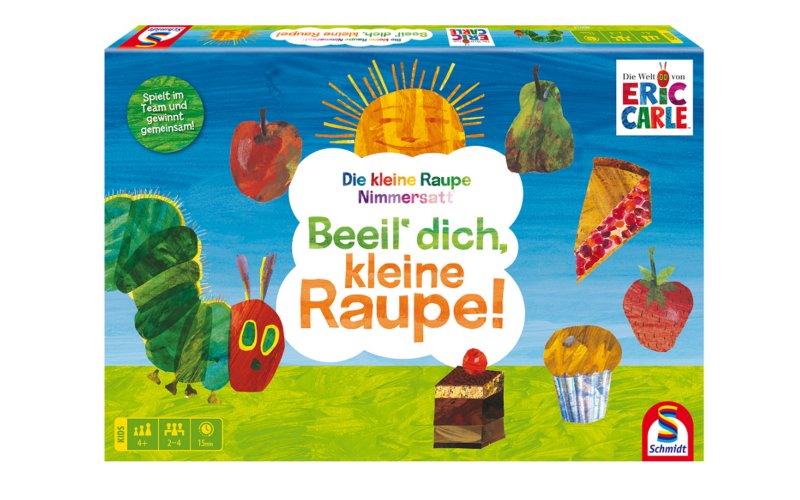 Farbenfrohe Spielschachtel für "Beeil' dich, kleine Raupe!" mit Illustrationen einer Sonne, einer Raupe, Früchten und Desserts, inspiriert von "The Very Hungry Caterpillar" von Eric Carle.