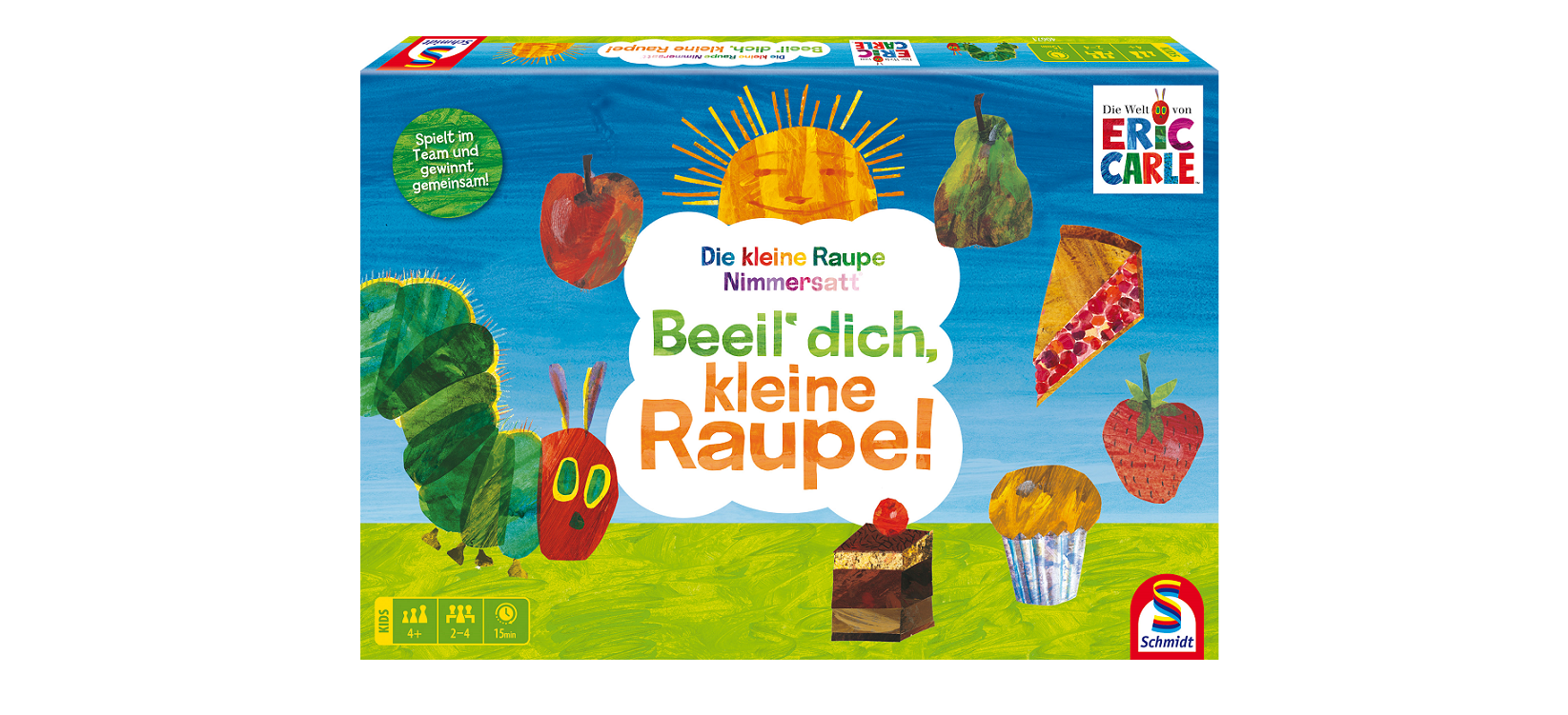 Farbenfrohe Spielschachtel für "Beeil' dich, kleine Raupe!" mit Illustrationen einer Sonne, einer Raupe, Früchten und Desserts, inspiriert von "The Very Hungry Caterpillar" von Eric Carle.