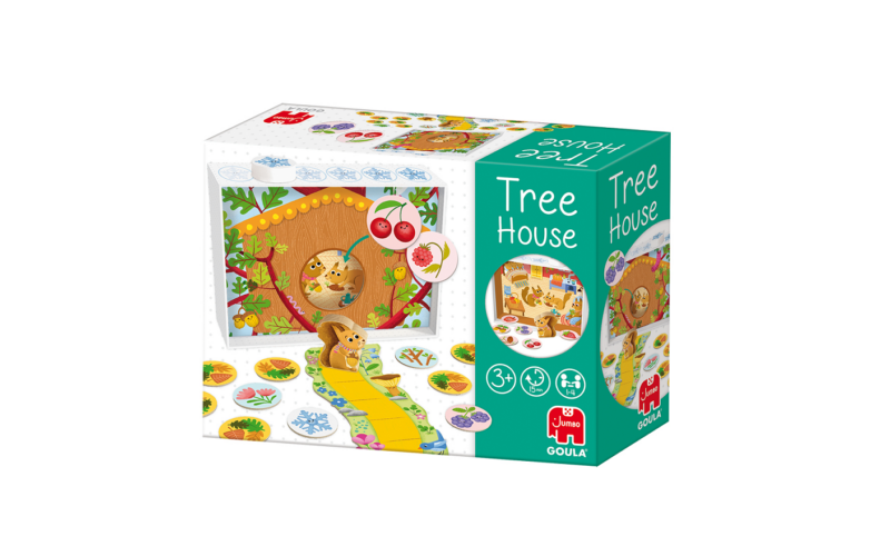 Ein verpacktes Kinder-Brettspiel namens "Tree House" von Goula, das auf der Verpackung illustrierte Tiere, Spielsteine und ein buntes Baumhaus zeigt.
