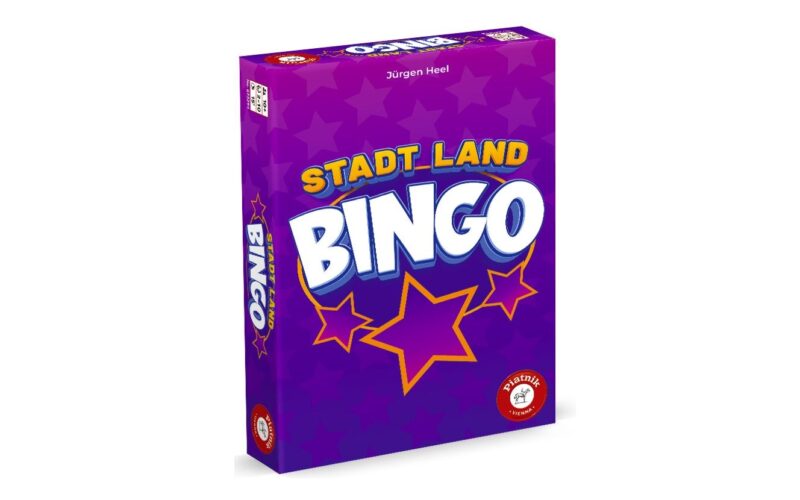 Eine lila Schachtel des Spiels "Stadt Land Bingo" mit gelbem und weißem Text, drei umrandeten Sternen und einem roten Pegasus Spiele-Logo in der unteren rechten Ecke.