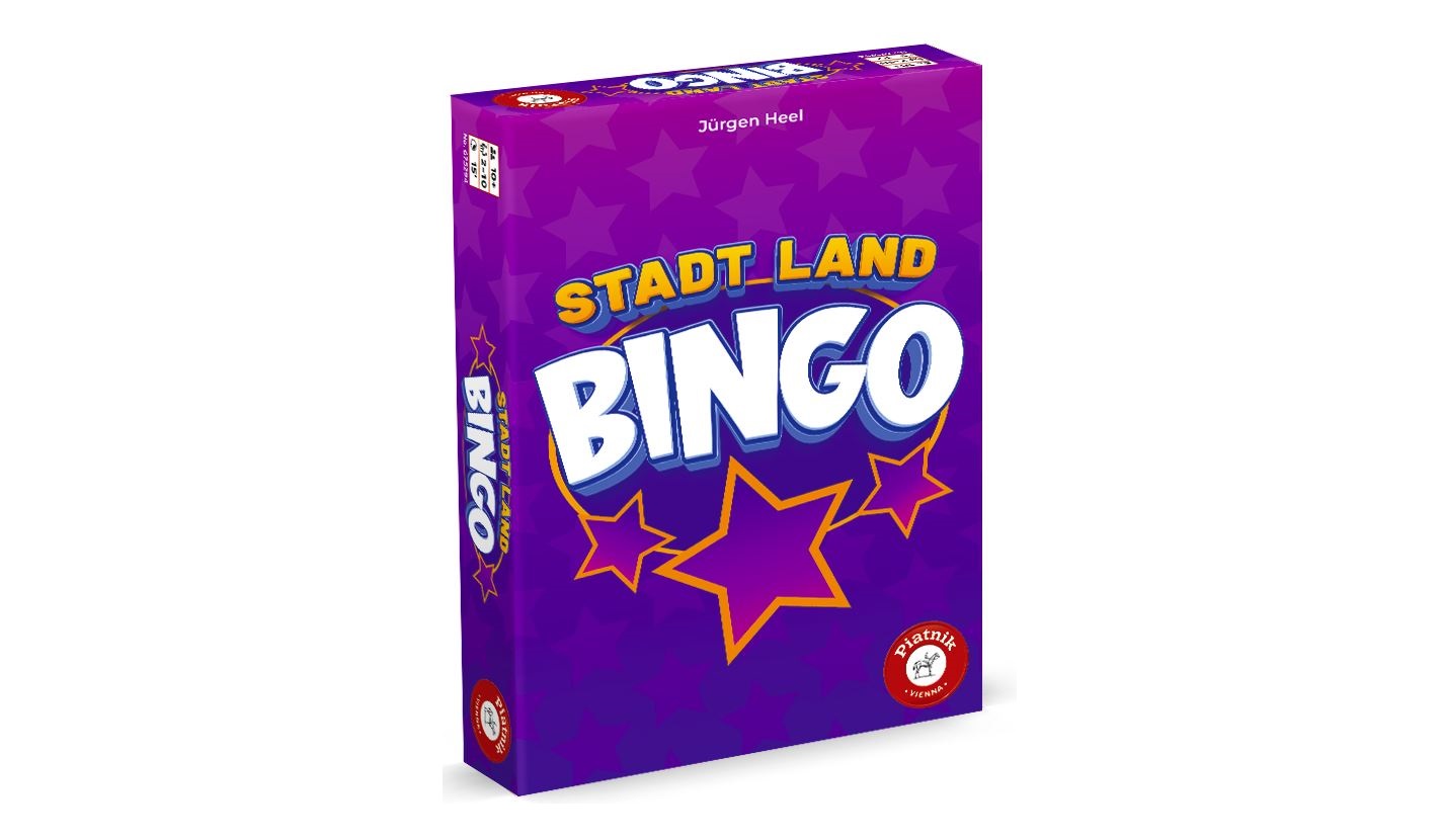 Eine lila Schachtel des Spiels "Stadt Land Bingo" mit gelbem und weißem Text, drei umrandeten Sternen und einem roten Pegasus Spiele-Logo in der unteren rechten Ecke.
