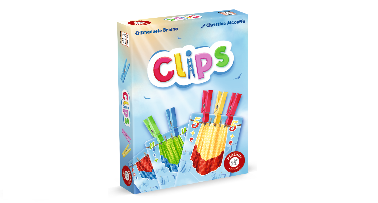 Eine blaue Schachtel für das Spiel "Clips" mit bunten Wäscheklammern, die Karten mit Zahlen halten. Auf der Oberseite sind die Namen Emanuele Briano und Christine Alcouffe zu lesen.