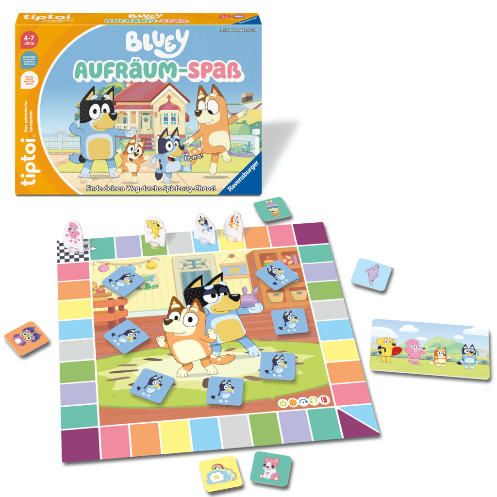 Blaues Brettspiel "Aufräum-Spaß" von Tiptoi, das die Spielschachtel, den Spielplan, die Karten mit den Figuren und die bunten Randfelder zeigt.