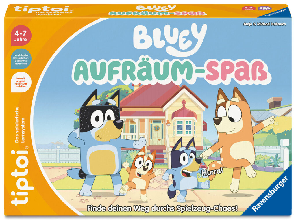Brettspielschachtel mit Figuren aus der Zeichentrickserie "Bluey" vor einem Haus, mit dem Titel "Bluey Aufräum-Spaß" und dem Branding von tiptoi und Ravensburger.