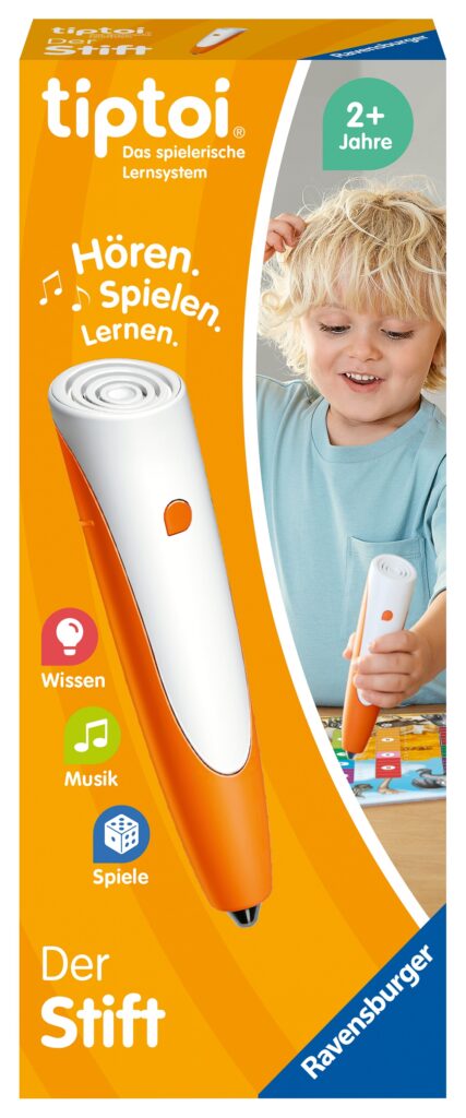Die orange-weiße Tiptoi Stiftverpackung zeigt ein kleines Kind, das den Stift auf einem Buch benutzt. Die Verpackung hebt Funktionen wie Lernen, Musik und Spiele für Kinder ab 2 Jahren hervor.