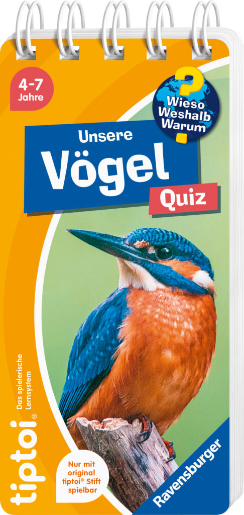 Ein spiralgebundenes deutsches Quizbuch für Kinder mit dem Titel "Unsere Vögel Quiz" mit einem Eisvogel auf dem Einband.