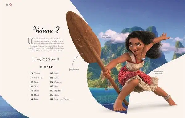 Die Zeichentrickfigur Vaiana (Moana) hockt mit einem Ruder in der Hand, im Hintergrund sind Inselberge und Meer zu sehen. Auf der linken Seite des Bildes befinden sich der deutsche Text und eine Inhaltsangabe.