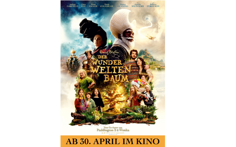 Filmplakat für den Film "Der Wunderweltenbaum" mit Fantasiefiguren, Kindern und magischen Elementen. Unten steht das Erscheinungsdatum 30. April in deutscher Sprache.