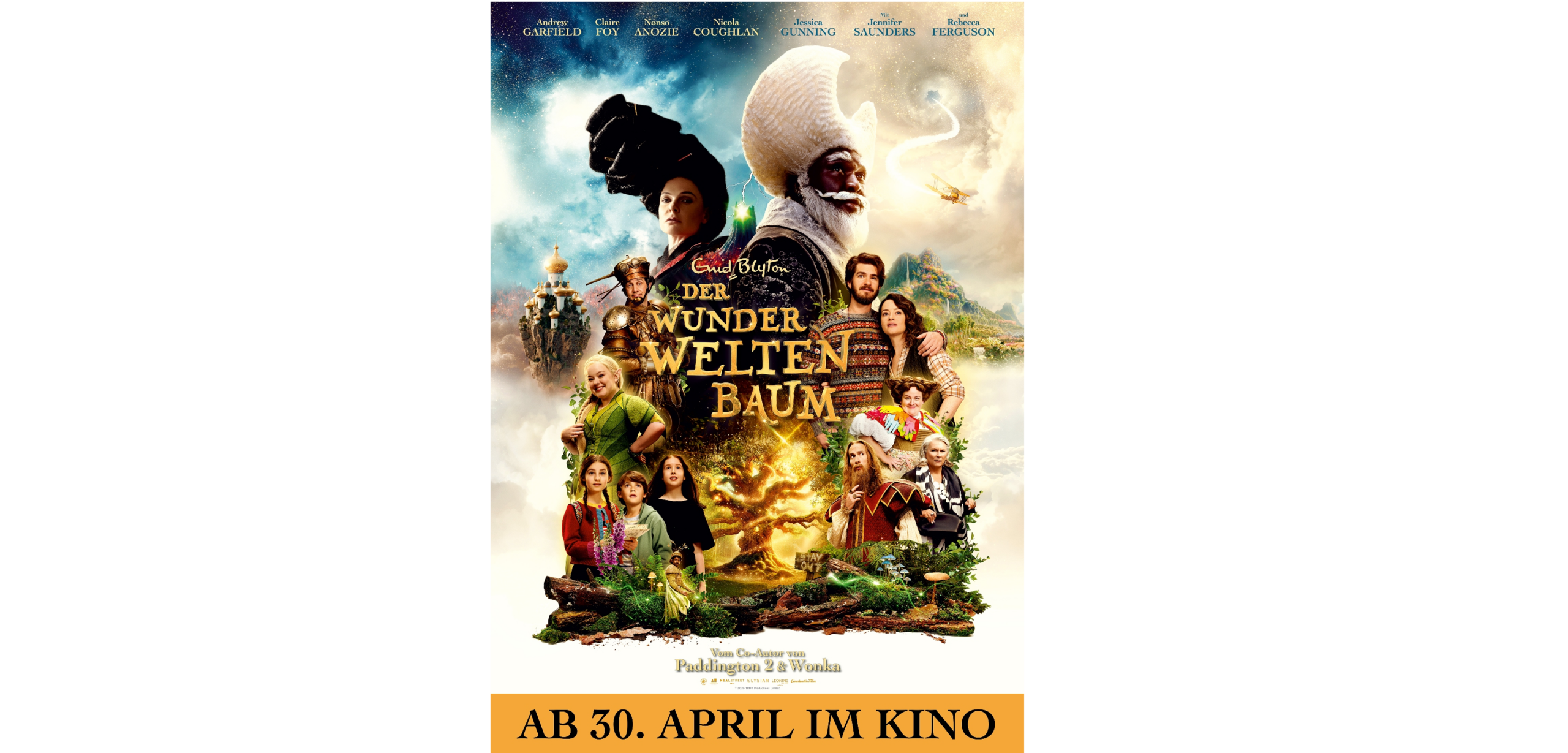 Filmplakat für den Film "Der Wunderweltenbaum" mit Fantasiefiguren, Kindern und magischen Elementen. Unten steht das Erscheinungsdatum 30. April in deutscher Sprache.