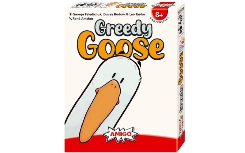 Gierige Gans Kartenspielbox mit einer Cartoon-Gans mit orangefarbenem Schnabel; geeignet für Kinder ab 8 Jahren, herausgegeben von Amigo.