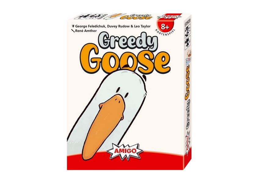 Gierige Gans Kartenspielbox mit einer Cartoon-Gans mit orangefarbenem Schnabel; geeignet für Kinder ab 8 Jahren, herausgegeben von Amigo.