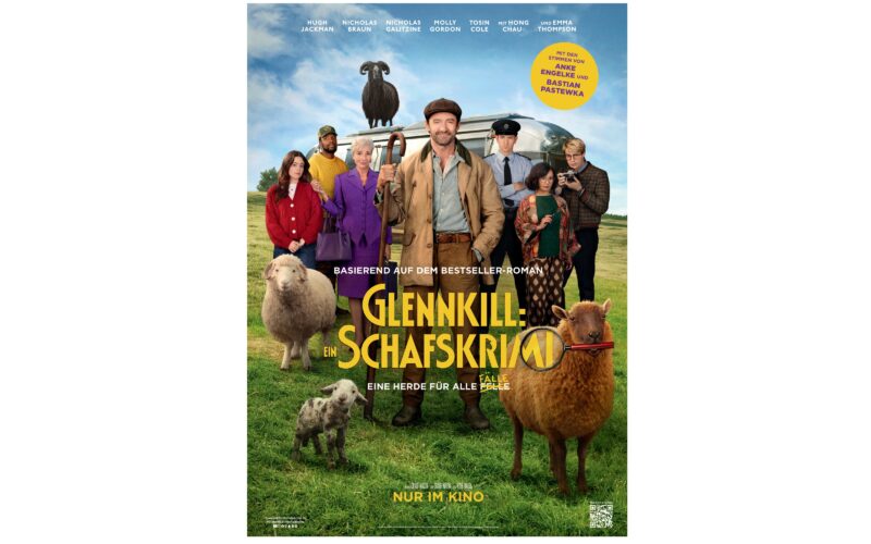 Filmplakat für "Glennkill: Ein Schafskrimi" zeigt eine Gruppe von Menschen und mehrere Schafe, die auf einer grasbewachsenen Wiese mit blauem Himmel im Hintergrund stehen.