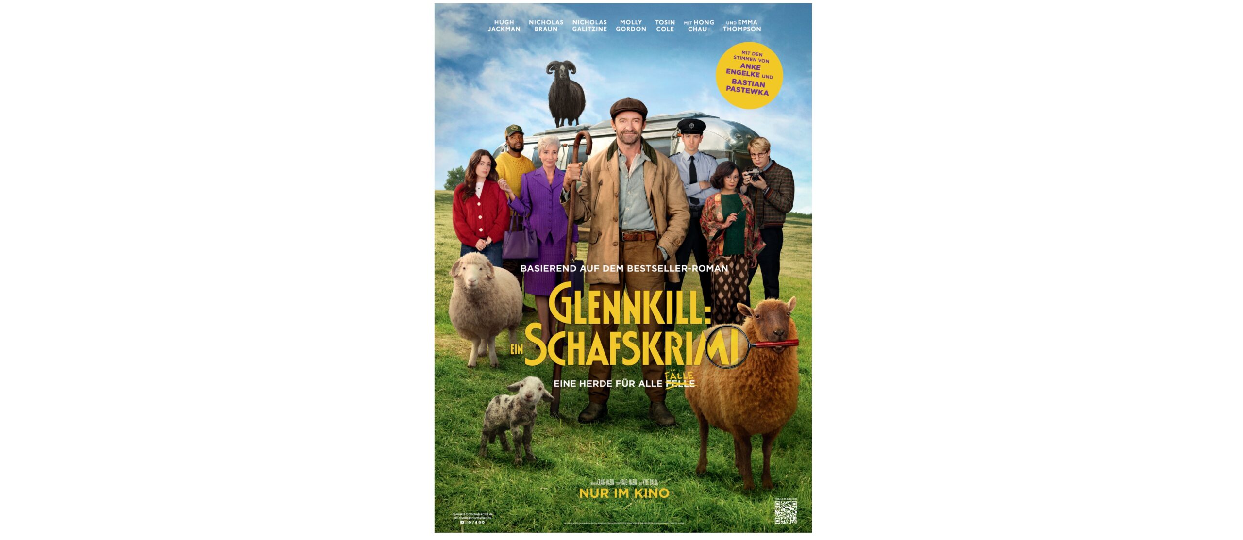 Filmplakat für "Glennkill: Ein Schafskrimi" zeigt eine Gruppe von Menschen und mehrere Schafe, die auf einer grasbewachsenen Wiese mit blauem Himmel im Hintergrund stehen.