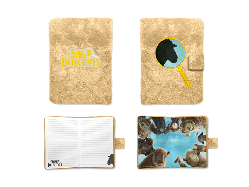 Ein beiger Kunstpelzeinband mit dem Logo "The Sheep Detectives", einer Schafsilhouette in einem Vergrößerungsglas, und innen linierte Seiten und ein Foto von Schafen, die nach unten schauen.