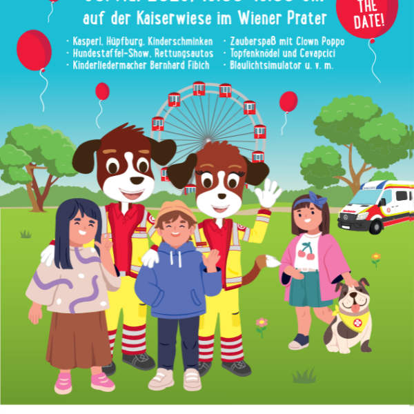 Illustriertes Plakat für den "Tag des Samariterbundes" am 30. Mai 2026, das Maskottchen, Kinder, Luftballons, einen Krankenwagen und ein Riesenrad im Wiener Prater zeigt.