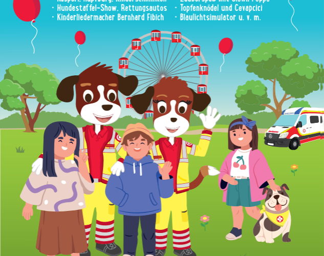 Illustriertes Plakat für den "Tag des Samariterbundes" am 30. Mai 2026, das Maskottchen, Kinder, Luftballons, einen Krankenwagen und ein Riesenrad im Wiener Prater zeigt.
