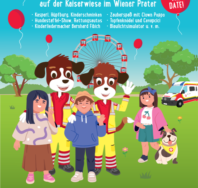Illustriertes Plakat für den "Tag des Samariterbundes" am 30. Mai 2026, das Maskottchen, Kinder, Luftballons, einen Krankenwagen und ein Riesenrad im Wiener Prater zeigt.