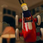 Animierte Figur mit Kaninchenohren fährt mit einem roten Spielzeugauto durch schwebende Wolken in einem Innenraum, mit unscharfem Hintergrund, der eine Lampe und ein Fenster zeigt.