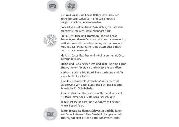 Deutscher Text zur Beschreibung von Personen wie Ben, Luisa, Coco, dem Hund, und ihrer Beziehungen, dargestellt in einer Aufzählung mit Symbolen neben jeder Beschreibung.