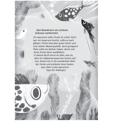 Schwarz-Weiß-Abbildung verschiedener Fische, die zwischen Pflanzen in einem Aquarium schwimmen, mit deutschem Text über die Vorbereitung eines geeigneten Heims für Aquarienfische.