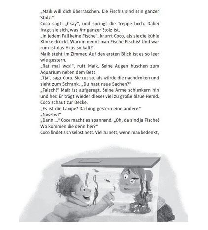 Schwarz-Weiß-Illustration von zwei Kindern, die Fische in einem rechteckigen Aquarium betrachten, begleitet von einem Block mit deutschem Text darüber.