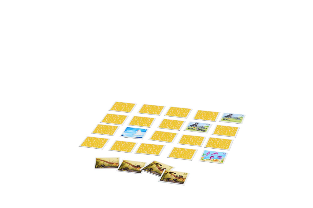 Ein Memory-Kartenspiel mit 16 verdeckt angeordneten Karten und mehreren umgedrehten Paaren mit Tier- und Szenenabbildungen.