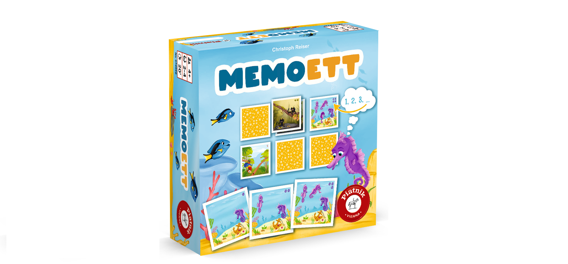 Eine farbenfrohe Brettspielschachtel mit dem Titel "Memoett", die Bilder von Fischen, Meerestieren und Karten zeigt, mit einer Seepferdchen-Illustration und einem roten Preissiegel auf der Vorderseite.