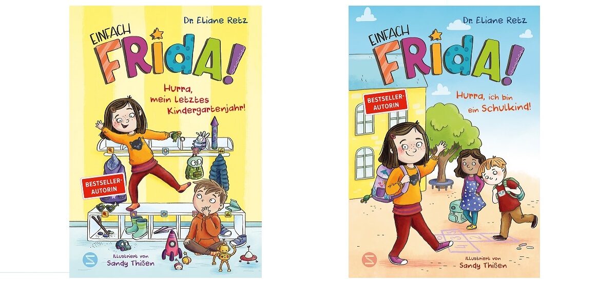 Zwei illustrierte Kinderbuchumschläge mit dem Titel "Einfach Frida!" von Eliane Reich, die ein Mädchen namens Frida in verschiedenen Schulsituationen zeigen, mit bunten Hintergründen und verspielten Schriftarten.